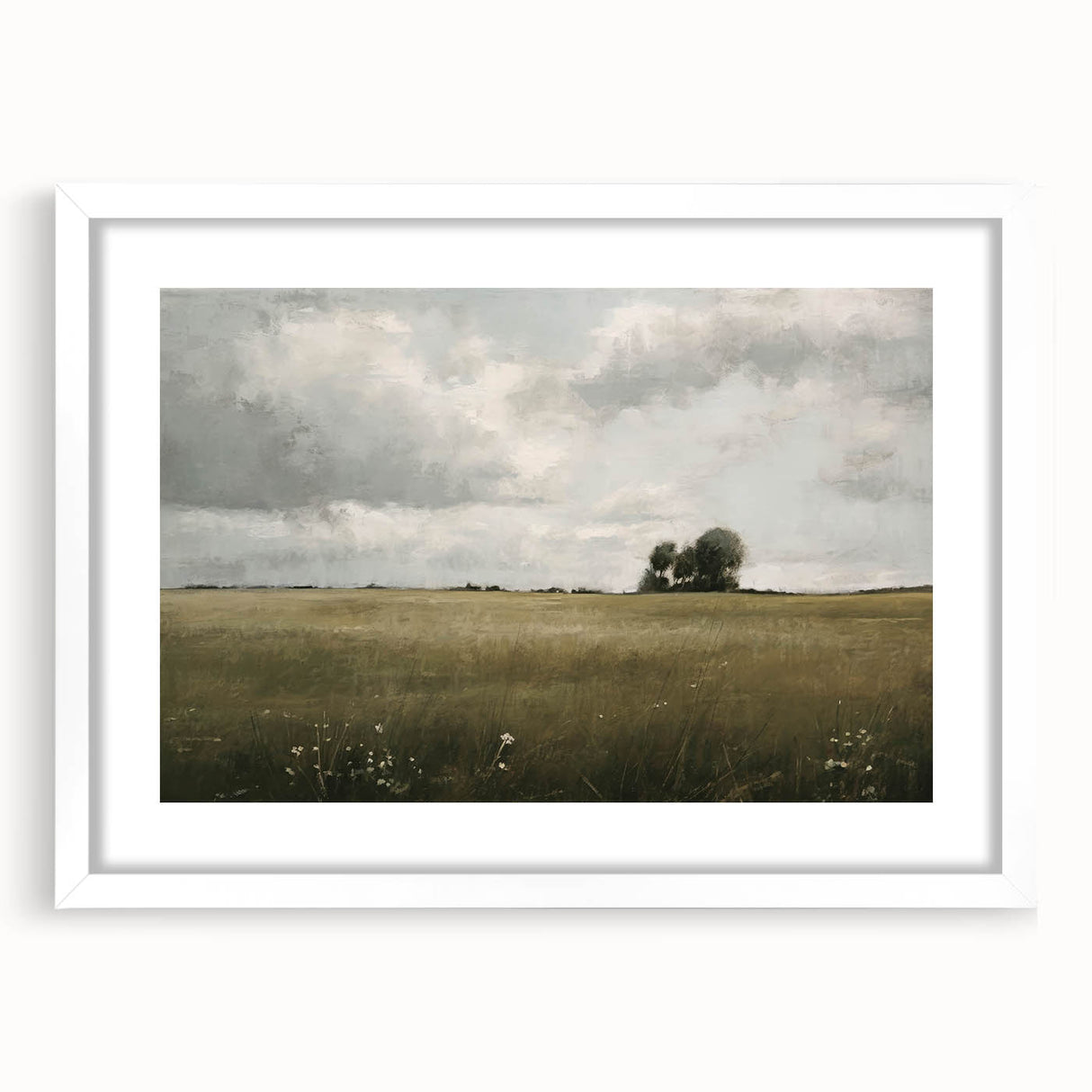 Framed wall art showcasing a serene countryside landscape design, featuring lush greenery and a soft color palette, ideal for home decor enhancement.