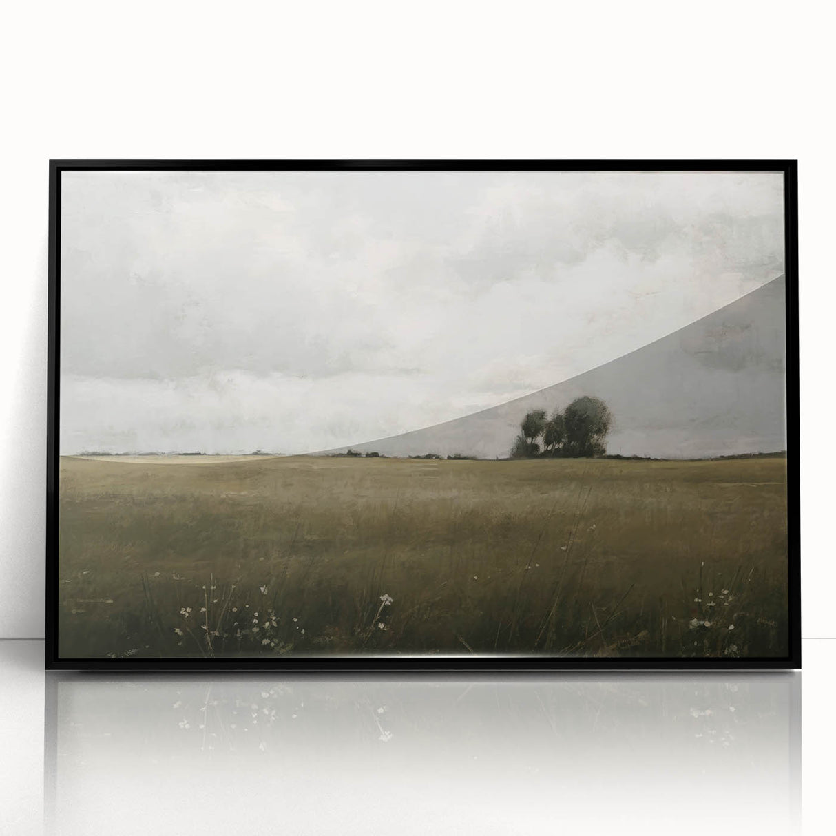 Framed acrylic wall art showcasing a picturesque countryside landscape, featuring lush green fields and a serene blue sky, designed to enhance home decor aesthetics.