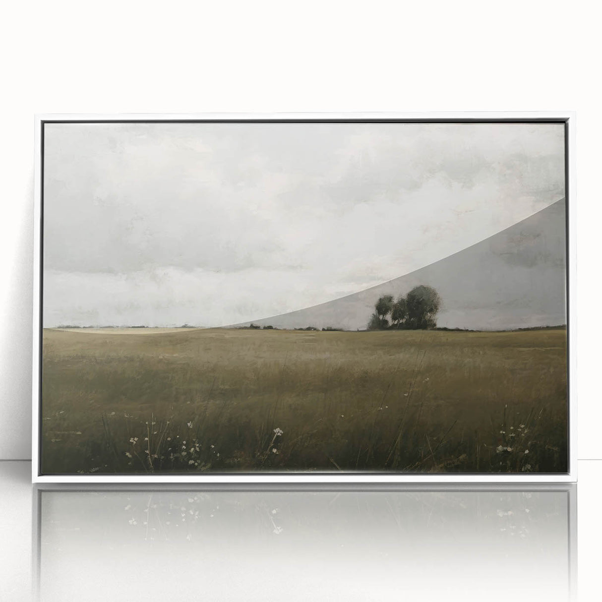 Framed acrylic wall art featuring a serene countryside landscape design, showcasing lush green fields and rolling hills, perfect for home decor in a bright white frame.