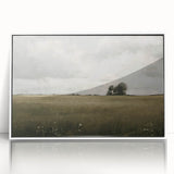Framed acrylic wall art featuring a serene countryside landscape design, showcasing lush green fields and rolling hills, perfect for home decor in a bright white frame.