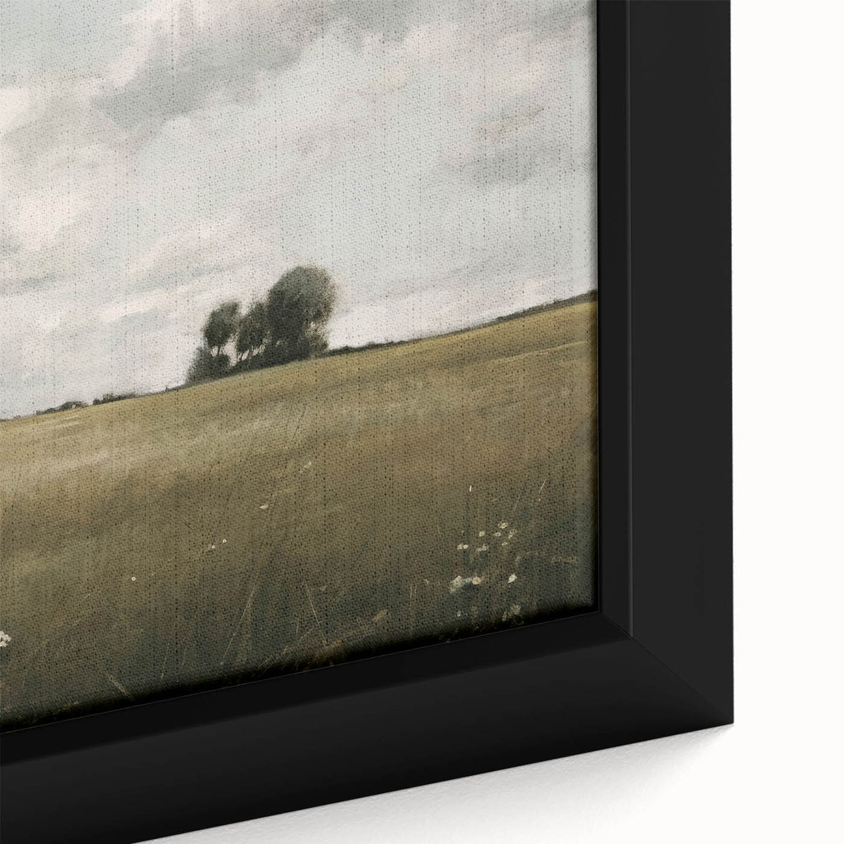 Close-up of a framed canvas wall art piece showcasing a serene countryside landscape, featuring vibrant greens, rolling hills, and a tranquil sky, perfect for home decor.
