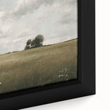 Close-up of a framed canvas wall art piece showcasing a serene countryside landscape, featuring vibrant greens, rolling hills, and a tranquil sky, perfect for home decor.