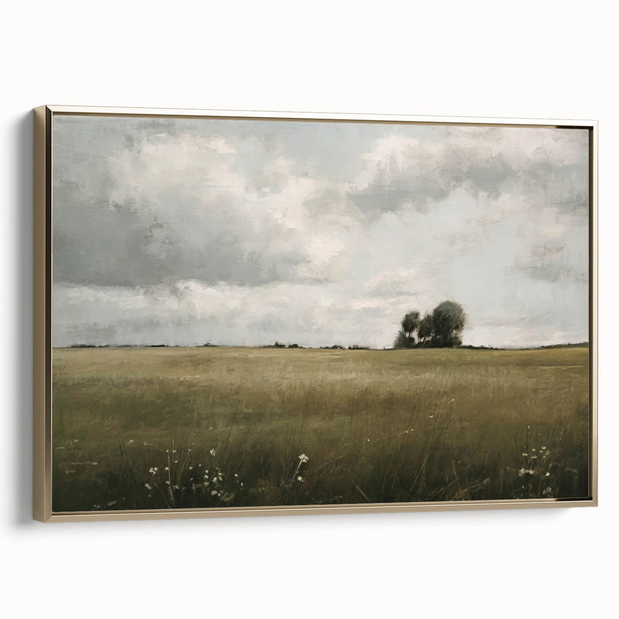 Framed canvas wall art showcasing a serene countryside landscape, featuring vibrant green fields and a golden sunset, perfect for home decor.