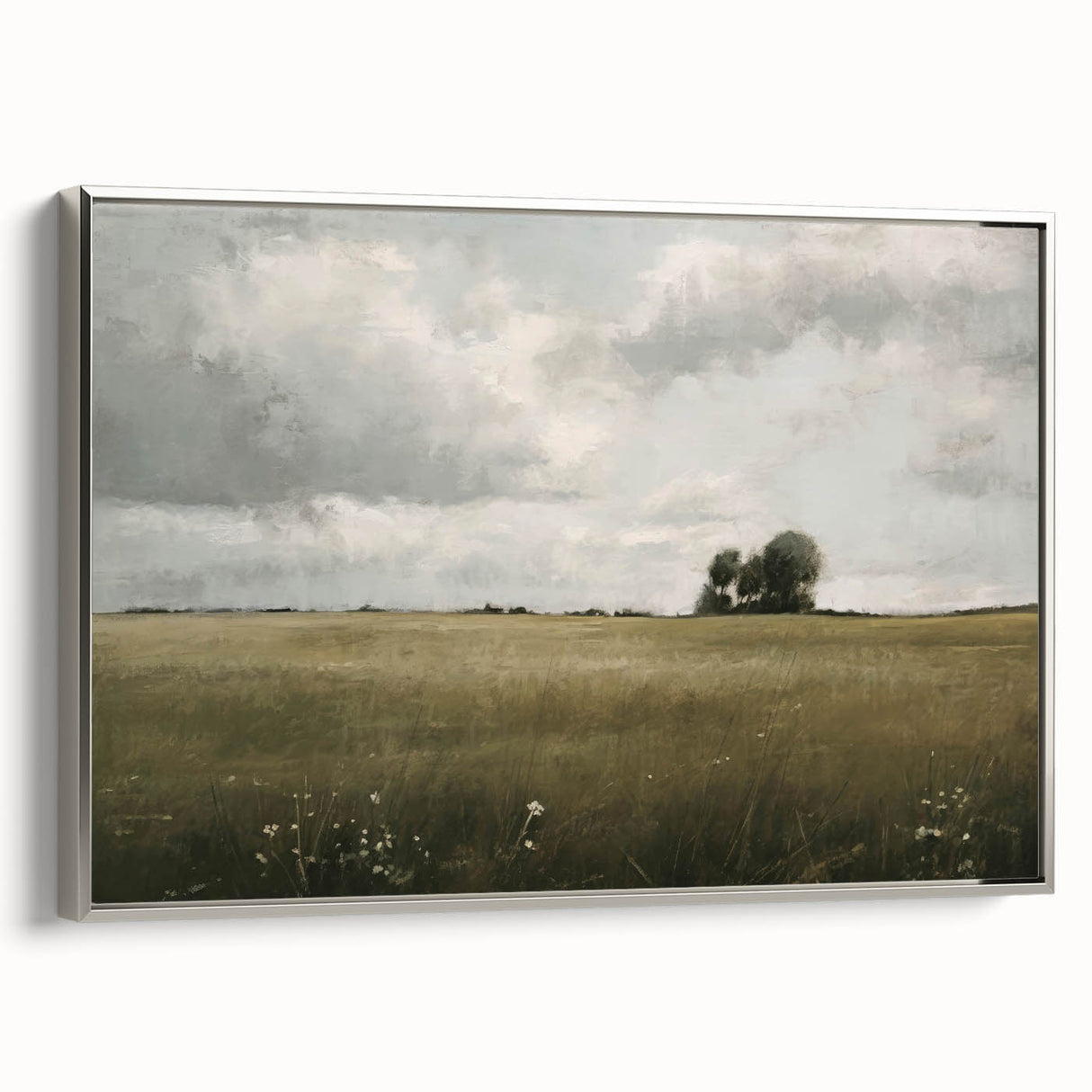 Framed canvas wall art showcasing a serene countryside landscape design with silver accents, perfect for home decor. The artwork captures vibrant colors and lush scenery, adding a touch of nature to any interior space.