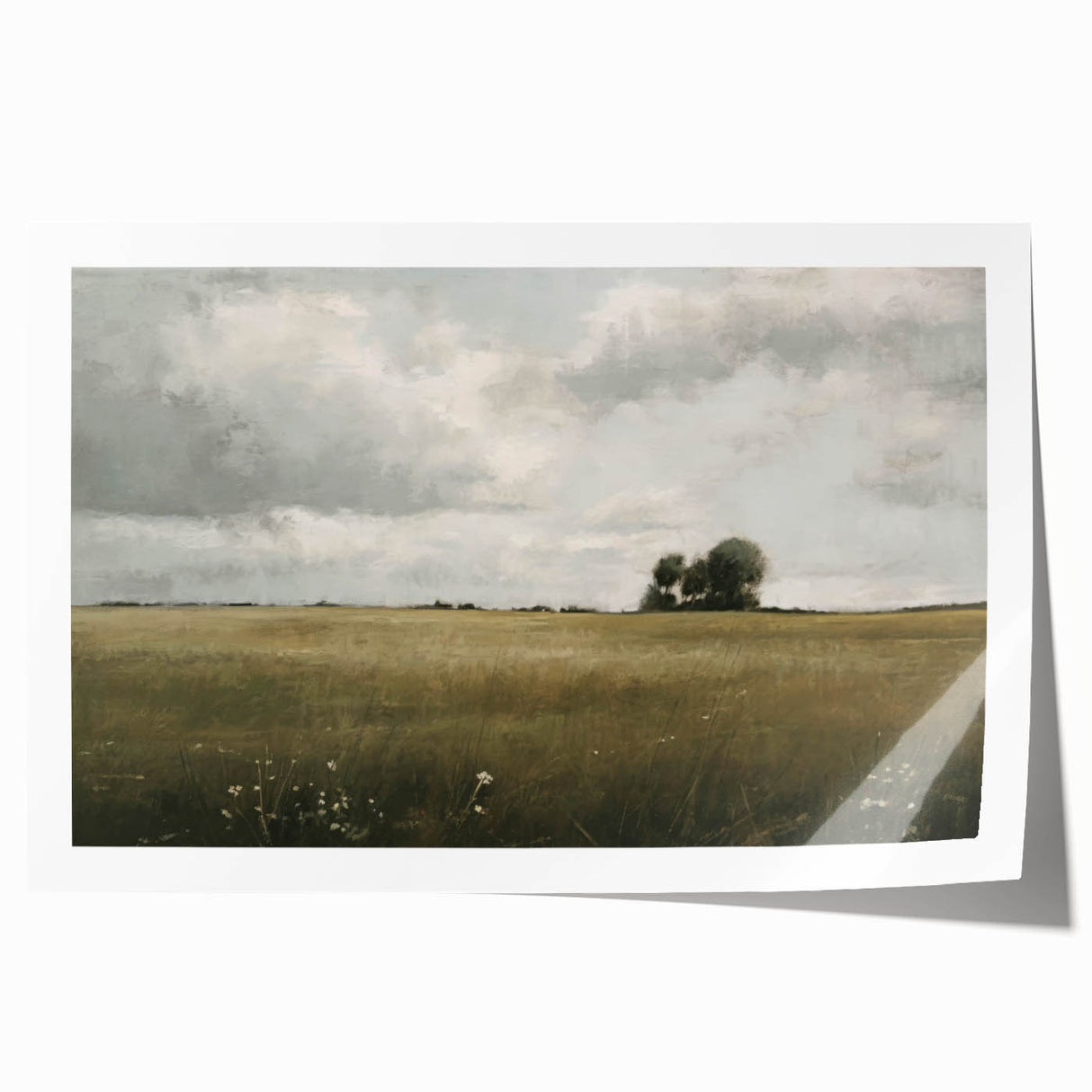 Vibrant rolled print showcasing a serene countryside landscape with lush greenery and a clear blue sky, perfect for home decor and wall art enthusiasts.