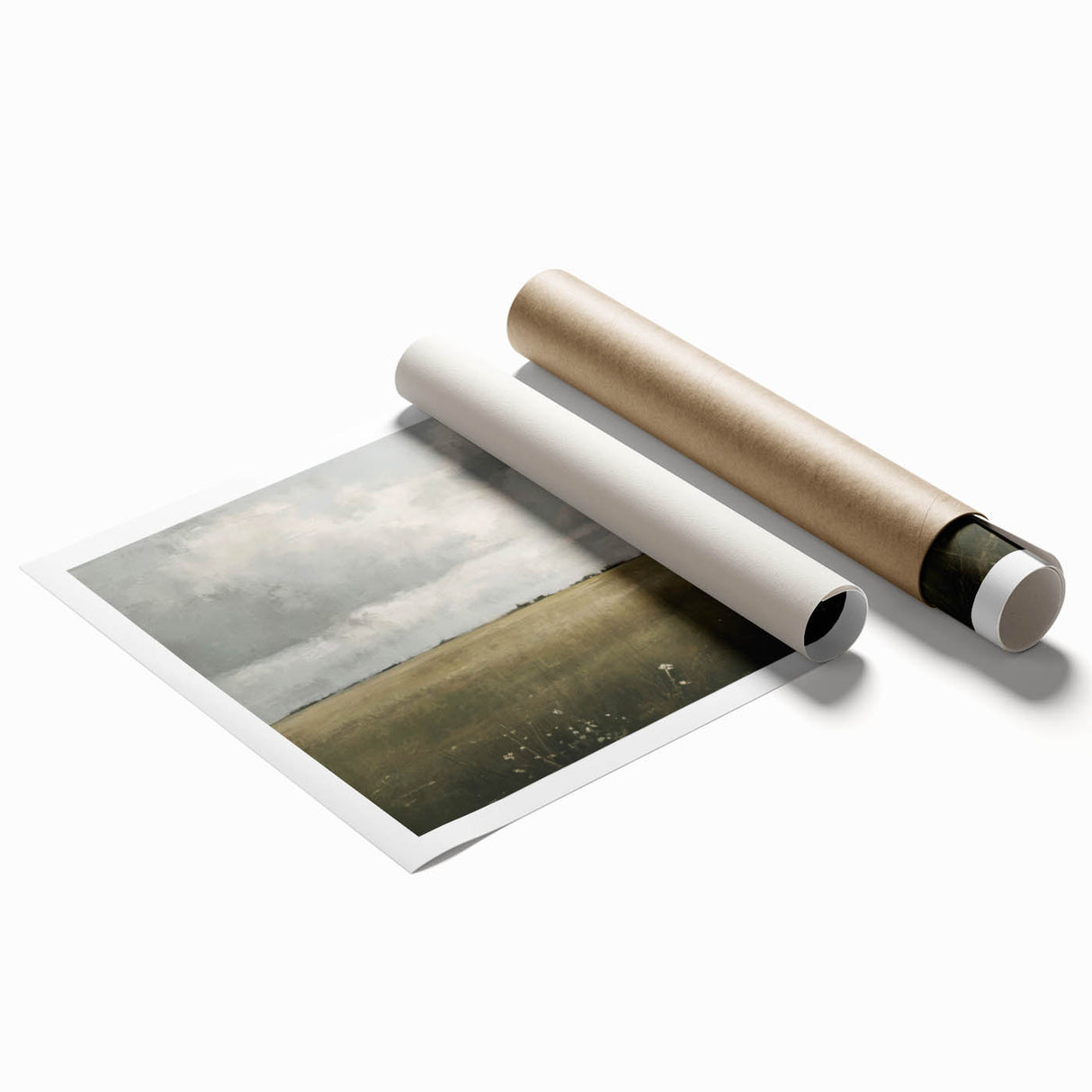 Rolled print of a serene countryside landscape featuring lush green fields, a clear blue sky, and distant mountains, ideal for home decor or art collection.