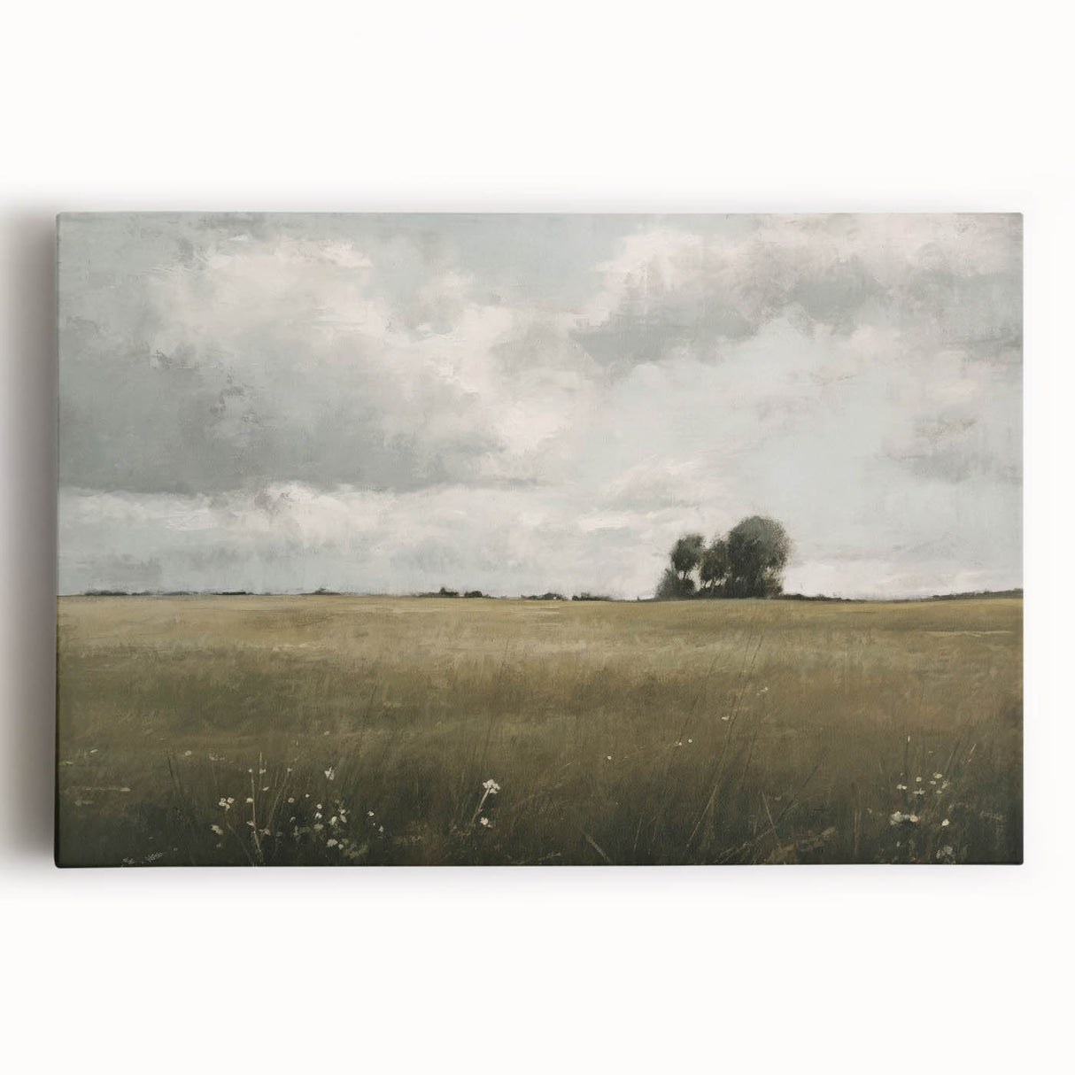 Stretched canvas wall art showcasing a serene countryside landscape with vibrant green fields, rolling hills, and a clear blue sky, perfect for home decor.