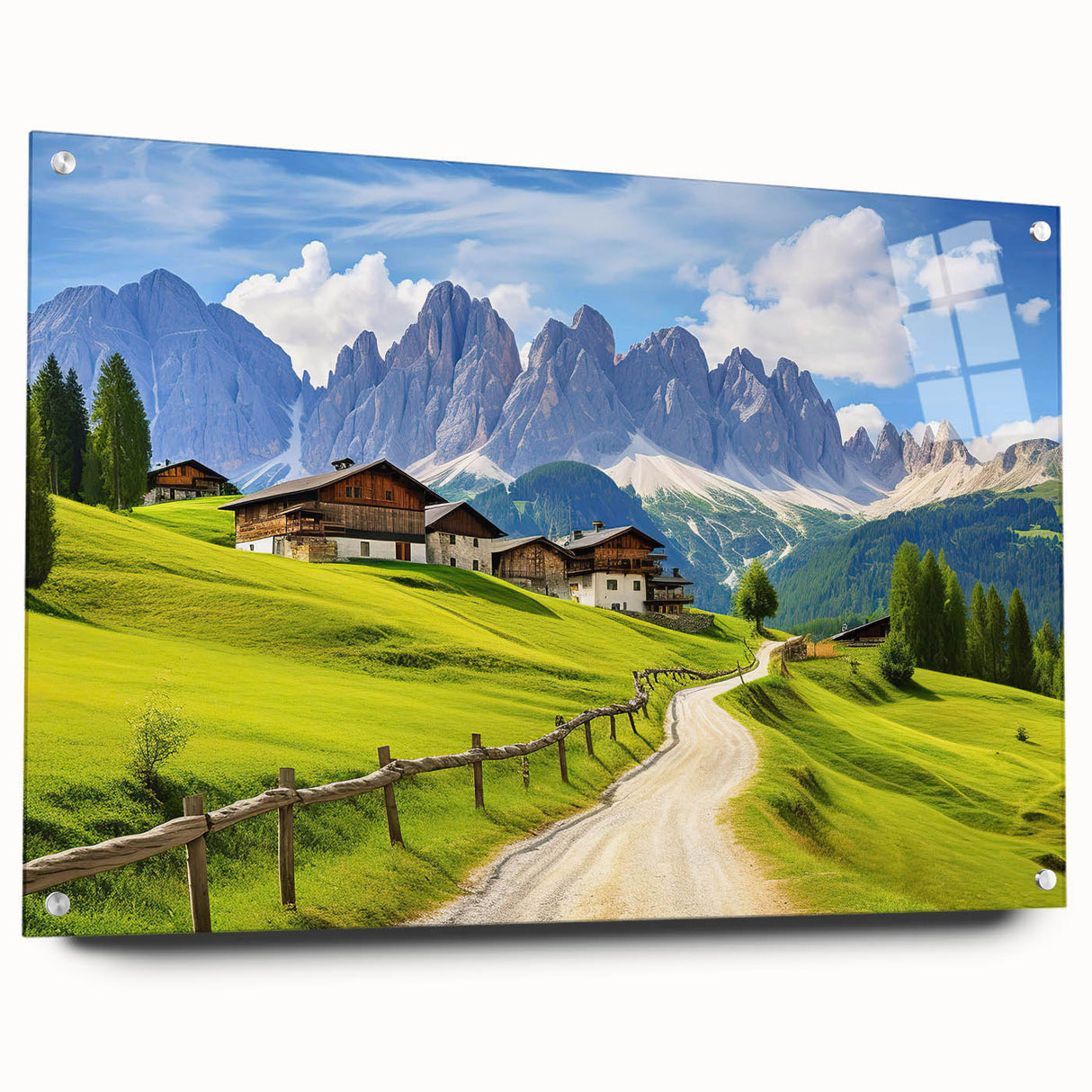 Acrylic glass wall art collection displaying a serene countryside landscape design, showcasing vibrant greens and blues, mounted on a stylish frame with pins for easy installation.