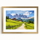 Elegant gold-framed wall art featuring a serene countryside landscape design, showcasing lush green fields and a clear blue sky, perfect for home decor.