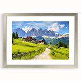 Silver-framed wall art print showcasing a scenic countryside landscape design, elegantly matted for a polished appearance, perfect for home decor enhancement.