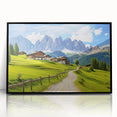 Framed acrylic wall art featuring a serene countryside landscape design with lush greenery and rolling hills, set in a sleek black frame, ideal for home decor.