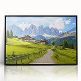 Framed acrylic wall art featuring a serene countryside landscape design with lush greenery and rolling hills, set in a sleek black frame, ideal for home decor.