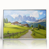 Framed wall art of a serene countryside landscape, showcasing lush green fields and a clear blue sky, with a modern white frame for a stylish home decor accent.