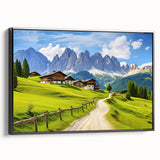 Framed black canvas wall art depicting a serene countryside landscape, showcasing vibrant colors and intricate details, perfect for home decor enhancement.
