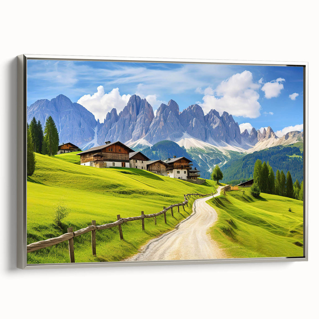Framed canvas wall art showcasing a serene countryside landscape with vibrant colors, silver trim, and a side view displaying its elegant design and texture.