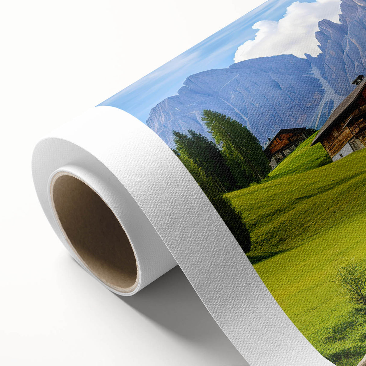 Rolled canvas wall art showcasing a serene countryside landscape, featuring lush green fields and a vibrant blue sky, perfect for home decor.
