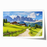 Countryside landscape wall art print showcasing vibrant green fields under a clear blue sky, ideal for enhancing home decor with a nature-inspired theme.