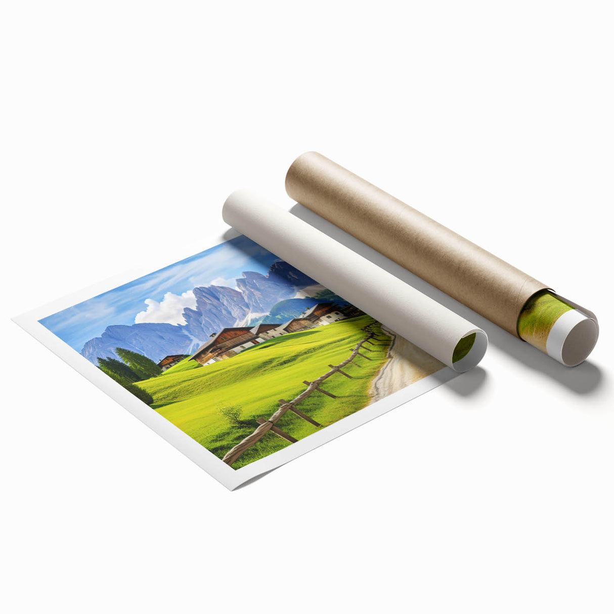 Vibrant rolled print of a serene countryside landscape showcasing rolling hills, lush greenery, and a clear blue sky, ideal for home decor.