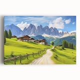 Stretched canvas wall art depicting a serene countryside landscape with vibrant greenery and a clear blue sky, perfect for home decor and adding tranquility to any space.