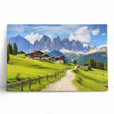 Stretched canvas artwork depicting a serene countryside landscape with rolling hills, lush greenery, and a vibrant sky, ideal for home decor.
