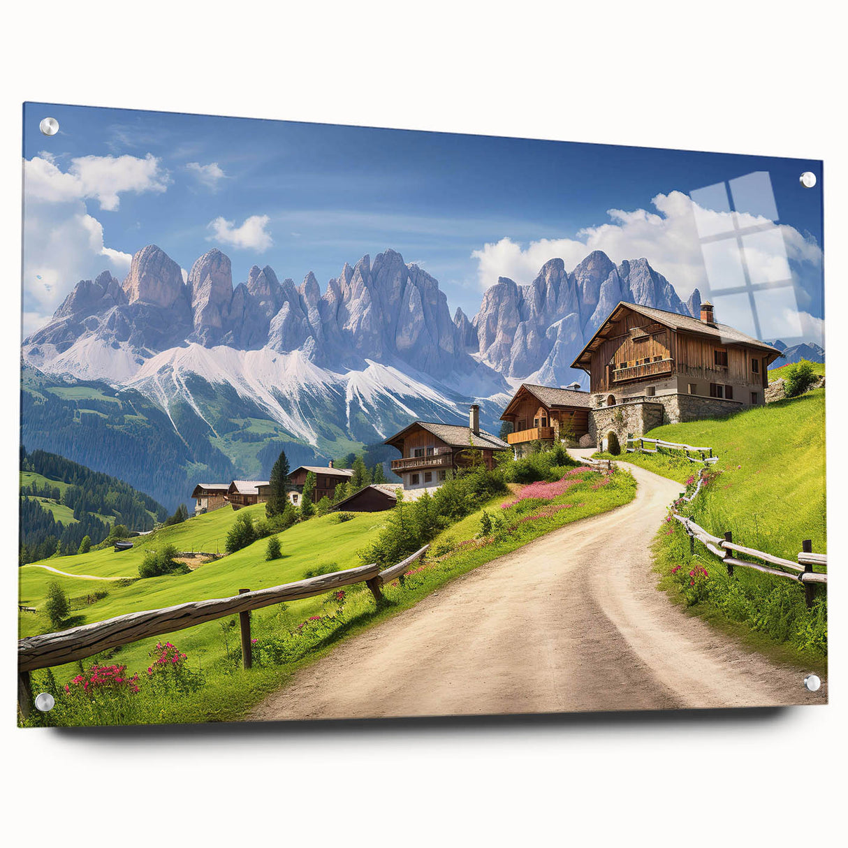 Acrylic glass wall art showcasing a serene countryside landscape, featuring vibrant green fields and a clear blue sky, designed for elegant home decor.