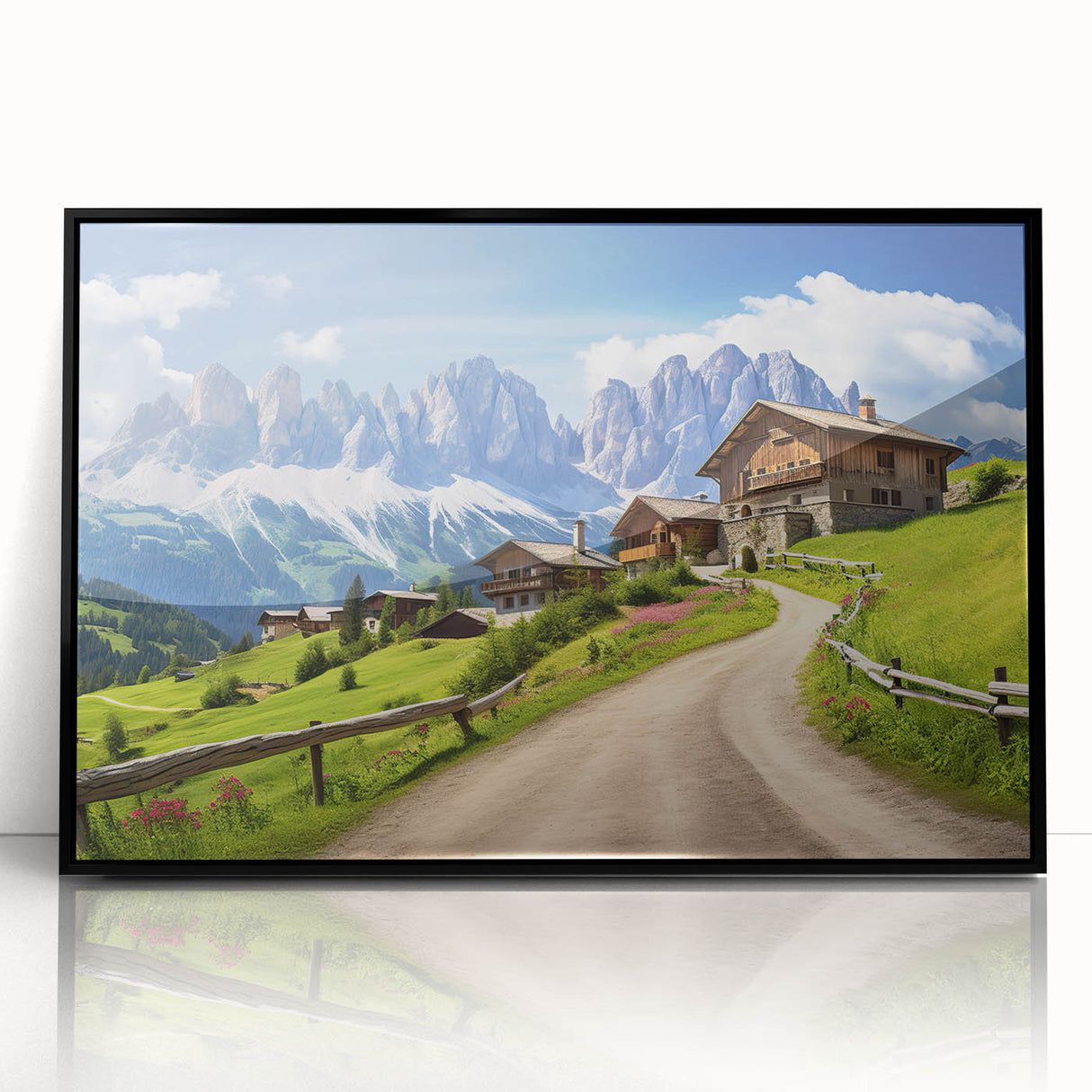 Framed acrylic wall art featuring a serene countryside landscape design, showcasing vibrant greens and a tranquil blue sky, perfect for enhancing home decor.