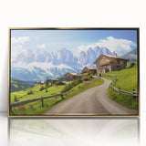 Framed wall art showcasing a serene countryside landscape design, featuring lush green fields and a golden acrylic frame that enhances its elegance. Perfect for home decor.