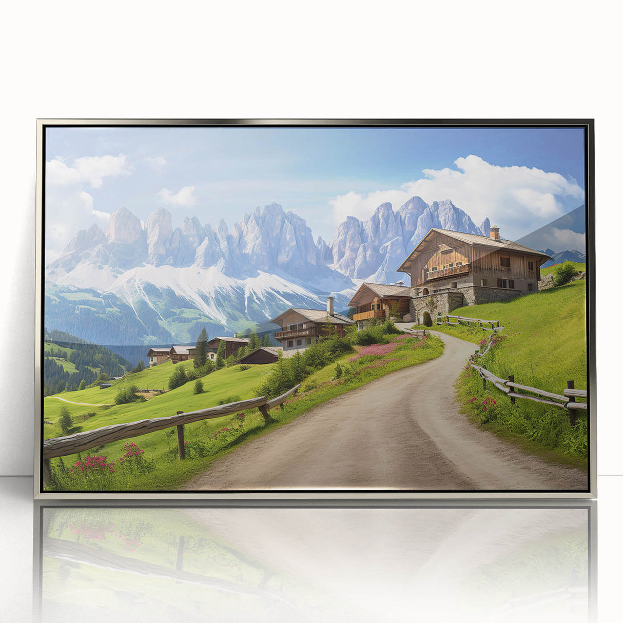 Framed acrylic wall art showcasing a serene countryside landscape with vibrant green fields and a clear blue sky, presented in an elegant silver frame, ideal for home decor.