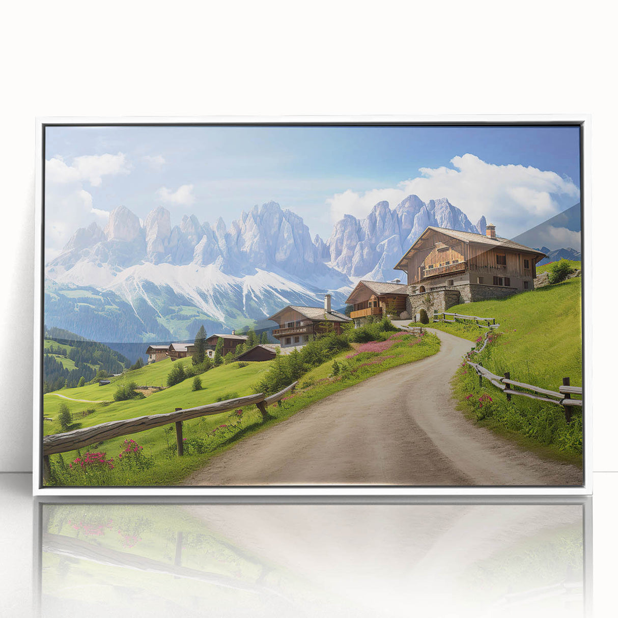 Framed acrylic wall art featuring a serene countryside landscape design, showcasing vibrant green fields and a clear blue sky, perfect for home decor.