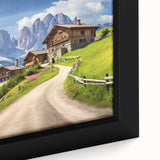 Framed canvas wall art showcasing a picturesque countryside landscape design, featuring vibrant greens and soft blues, ideal for home decor enhancement.