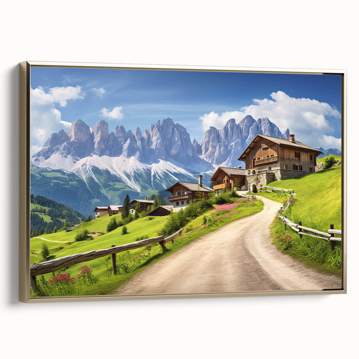 Framed canvas wall art showcasing a serene countryside landscape with vibrant green fields and a golden sunset, adding elegance to home decor. Perfect for nature lovers.