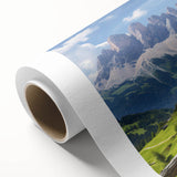 Rolled canvas artwork depicting a serene countryside landscape with vibrant greens and soft blues, designed for wall decor, showcasing natural beauty and tranquility.