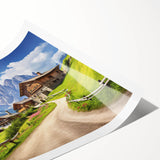 Rolling hills under a vibrant sunset captured in this countryside landscape wall art print, showcasing rich greens and warm oranges, perfect for home decor.