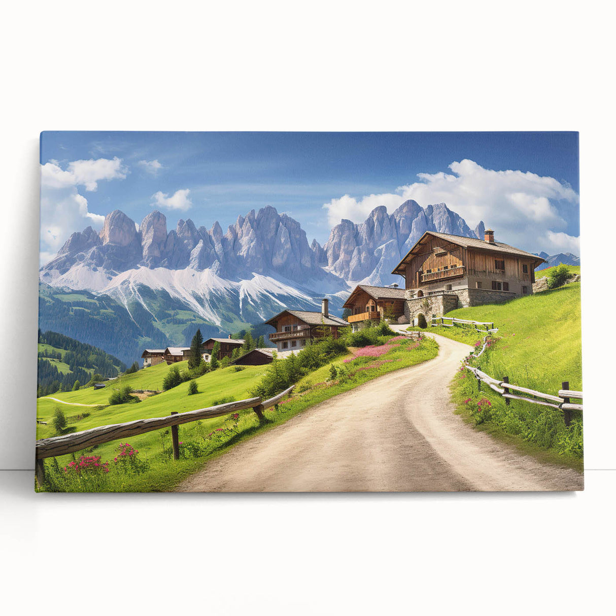 Stretched canvas wall art showcasing a serene countryside landscape with rolling hills and vibrant greenery, perfect for home decor or office ambiance.