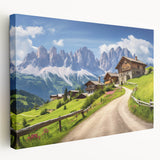 Stretched canvas wall art depicting a serene countryside landscape with rolling green hills, vibrant trees, and a clear blue sky, perfect for home decor.