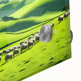 Close-up of a vibrant acrylic glass wall art piece showcasing a serene countryside landscape with lush greenery and rolling hills, perfect for home decor.