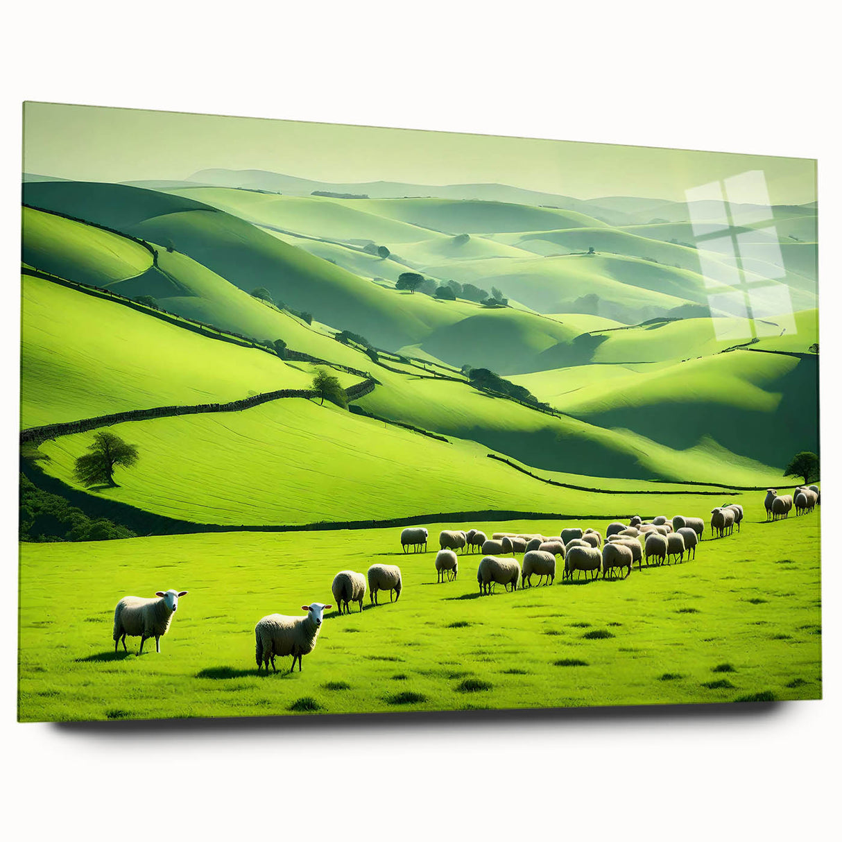 Acrylic glass wall art featuring a serene countryside landscape design, showcasing vibrant greenery and rolling hills, ideal for enhancing home decor.