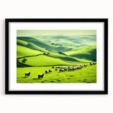 Black-framed wall art showcasing a serene countryside landscape design, featuring vibrant colors and intricate details, ideal for home decor enhancement.