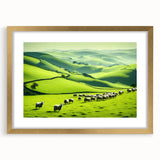 Gold-framed wall art showcasing a serene countryside landscape design, featuring lush greenery and rolling hills, perfect for home decor.