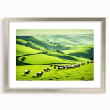 Silver-framed wall art featuring a serene countryside landscape with rich green fields and a tranquil sky, designed for elegant home decor. Perfect for enhancing living spaces.
