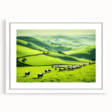 Framed wall art featuring a serene countryside landscape design with a white mat, showcasing vibrant greenery and distant hills, perfect for home decor.