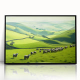 Framed wall art featuring a serene countryside landscape design with vibrant colors, displayed in a sleek black frame, perfect for home decor enhancement.