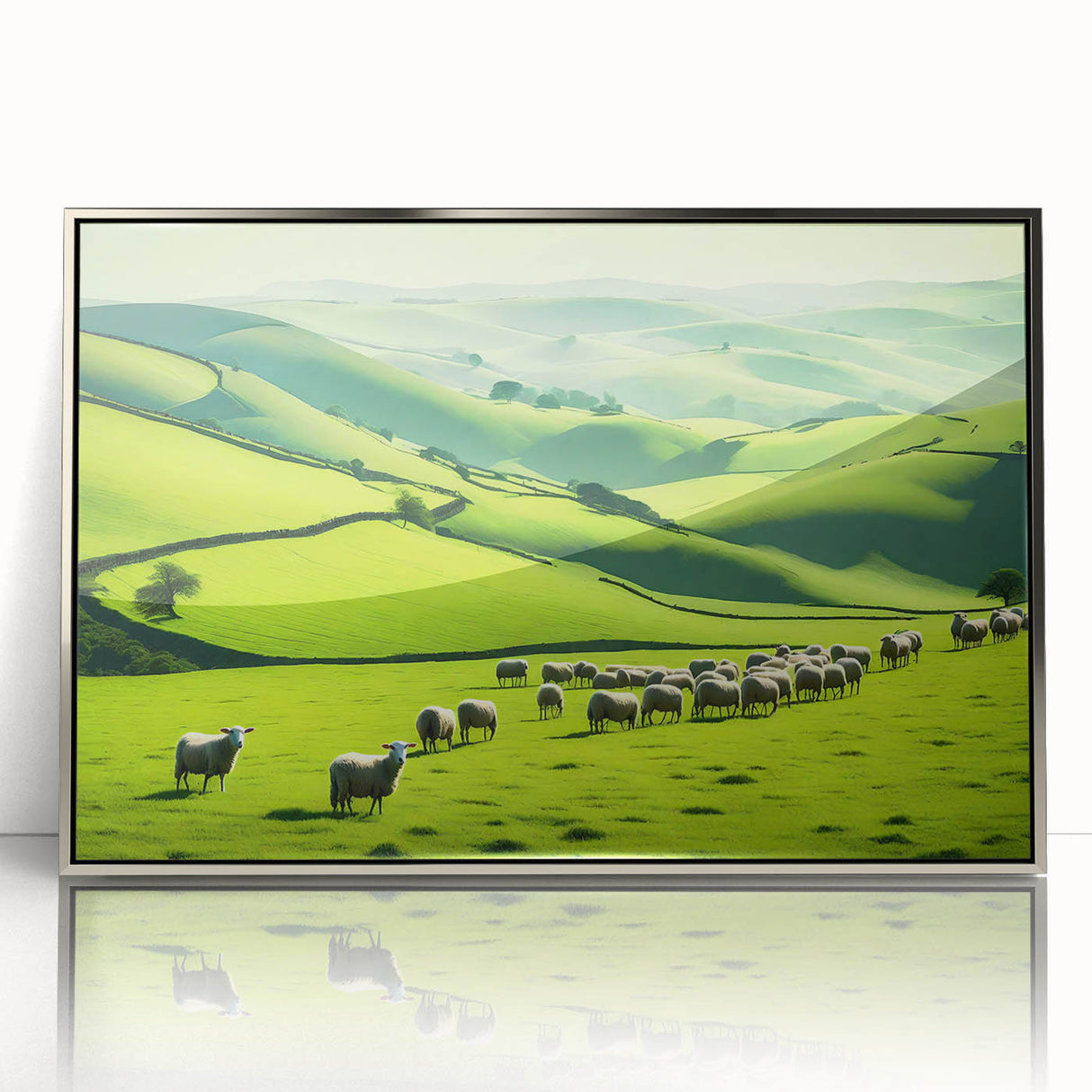 Framed wall art showcasing a serene countryside landscape design with vibrant colors, featuring a silver-accented frame that enhances its elegance. Perfect for home decor.