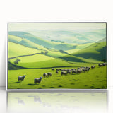 Framed acrylic wall art showcasing a serene countryside landscape design, featuring vibrant green fields and a clear blue sky, ideal for home decor.