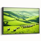 Framed canvas wall art depicting a serene countryside landscape with lush greenery and rolling hills, showcasing a black frame for a modern aesthetic. Ideal for home decor enthusiasts seeking nature-inspired designs.