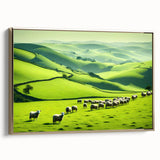 Framed canvas wall art showcasing a serene countryside landscape with rolling hills, vibrant greenery, and a golden frame, perfect for home decor enhancement.