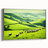 Framed canvas wall art showcasing a serene countryside landscape with vibrant green fields and a clear blue sky, elegantly bordered with a silver frame, ideal for home decor.