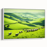 Framed canvas wall art showcasing a serene countryside landscape design with lush green fields and a blue sky, enhancing home decor with nature's beauty.