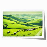 Vibrant countryside landscape wall art print showcasing rolling hills, lush greenery, and a serene sky, beautifully rolled and perfect for home decor.
