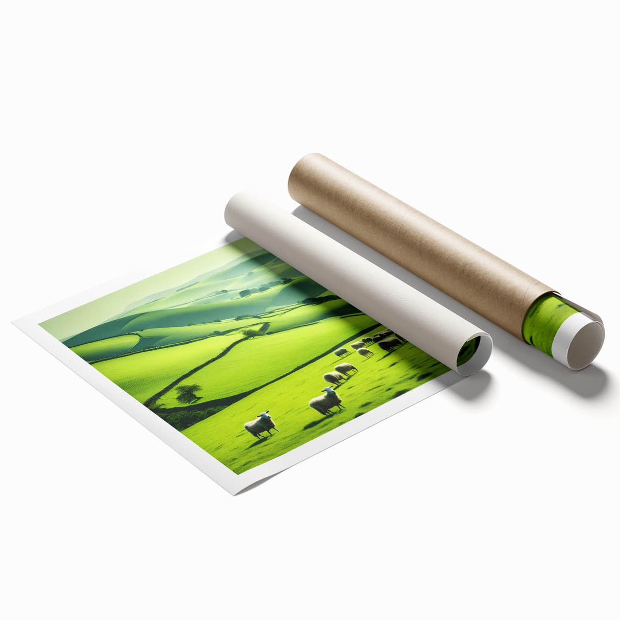 "Vibrant rolled print of a serene countryside landscape featuring lush green fields and a clear blue sky, ideal for home decor or art collection."